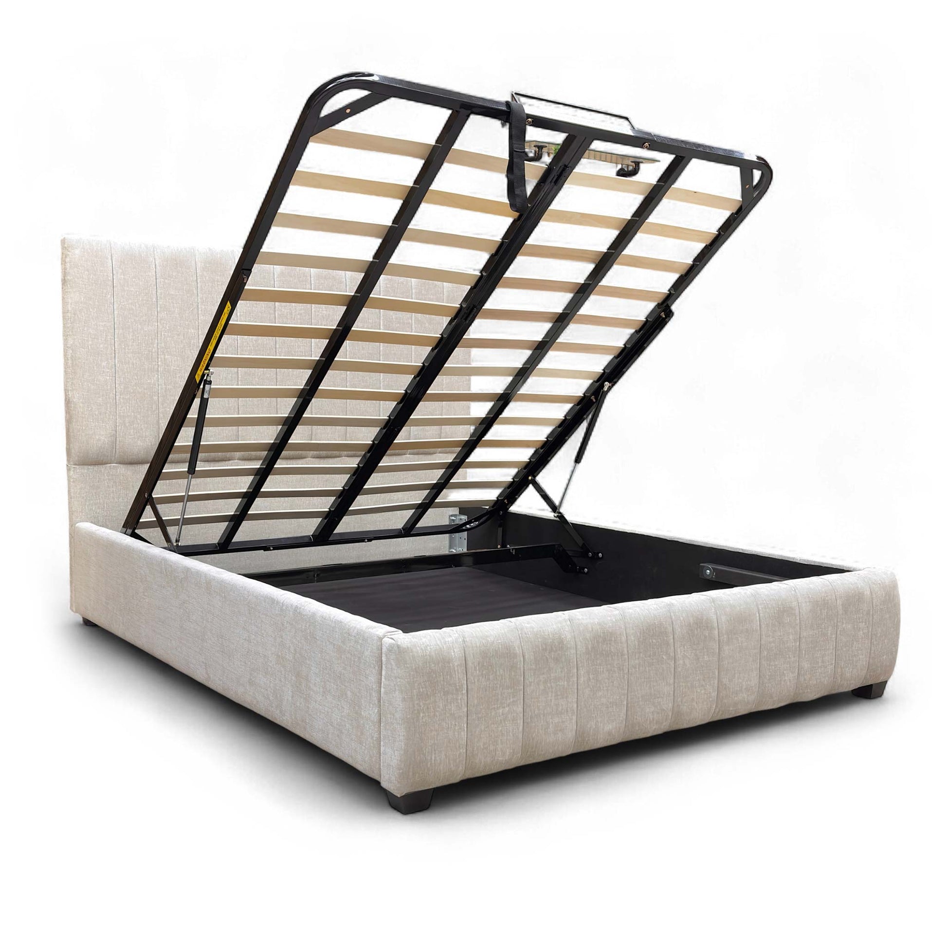 Side profile of the Miranda Ottoman Bed Frame, showing the depth of the base and the high-quality fabric upholstery.