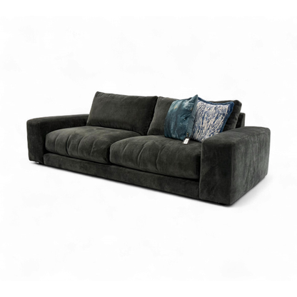 Side and back view of the Swoon 'Denver' large 3-seater sofa, showing its full depth and sleek wood frame construction.