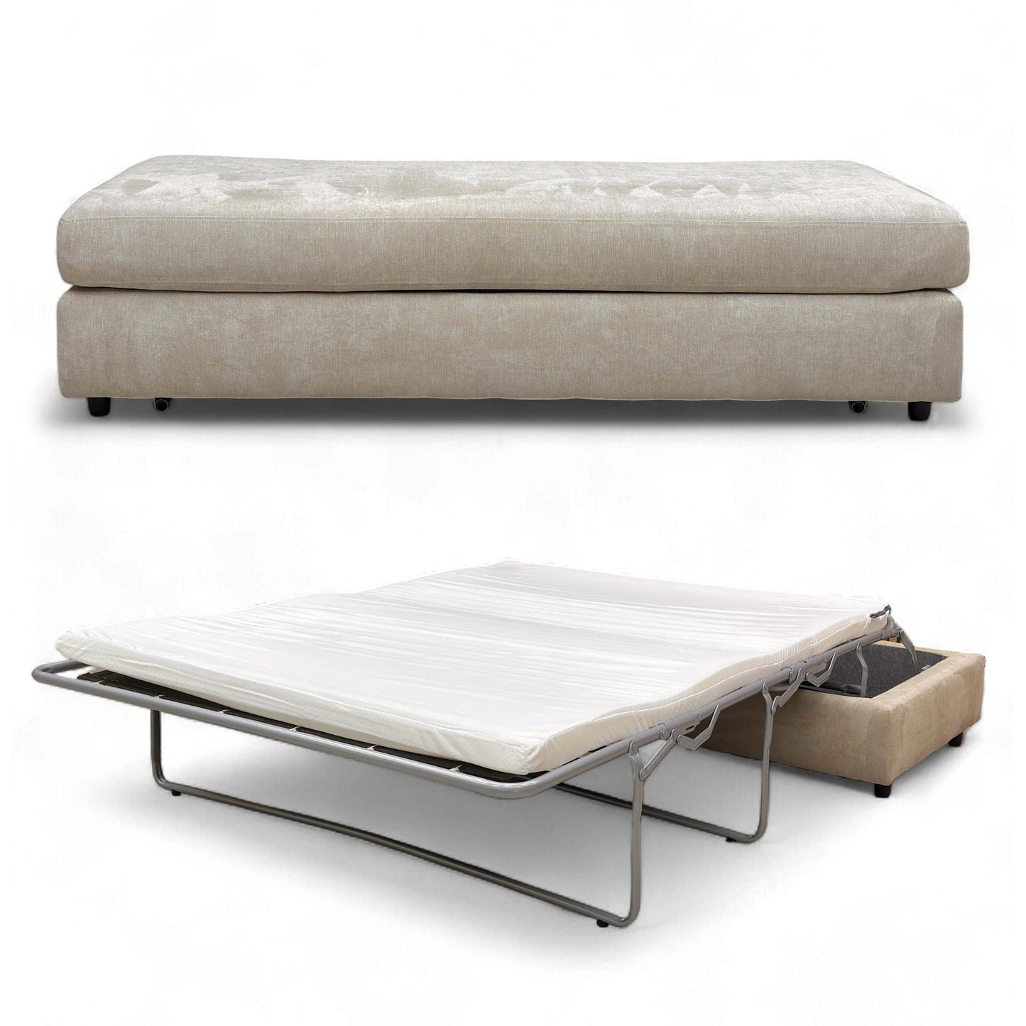 Angled view of the 'Esprit' Large Footstool in Taupe Fabric with Ebony Feet, shown in its closed position.