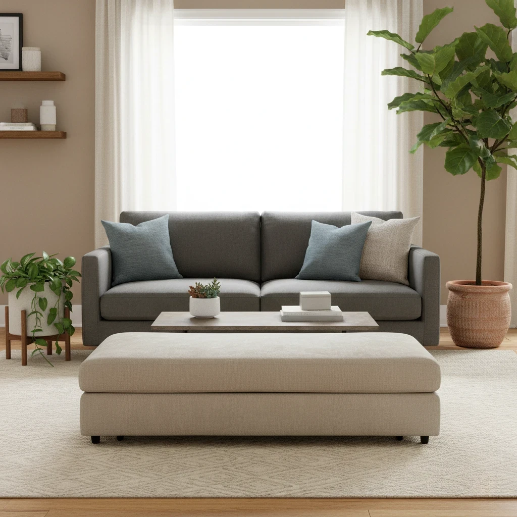 Lifestyle Image of The ‘Esprit’ Large Footstool fully converted into a comfortable and functional Double Sofa Bed.