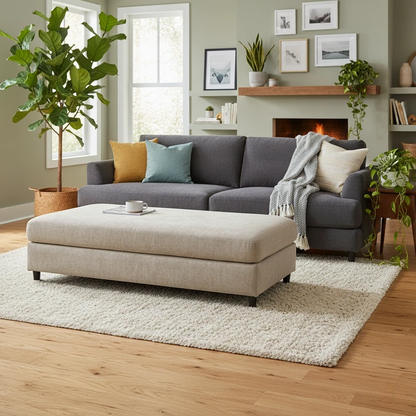 Angled view of the Esprit Mocha Footstool showing its large size and use as a chaise end or coffee table.