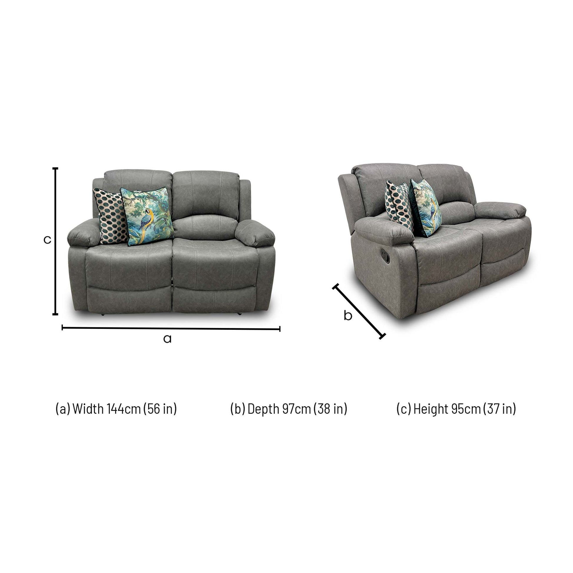 Dimensions for the Thornbrook ‘Bennett’ Grey Endurance Fabric 2 Seater Manual Recliner Sofa.