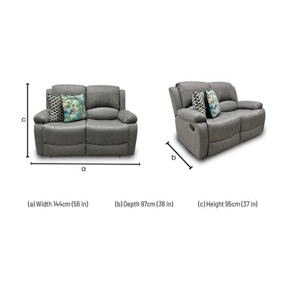 Dimensions for the Thornbrook ‘Bennett’ Grey Endurance Fabric 2 Seater Manual Recliner Sofa.