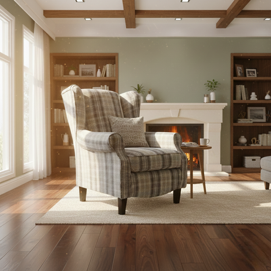 'Shirley' Taupe and Grey Combination Checkered Pattern Tight Weave Winchester Fabric Accent Chair