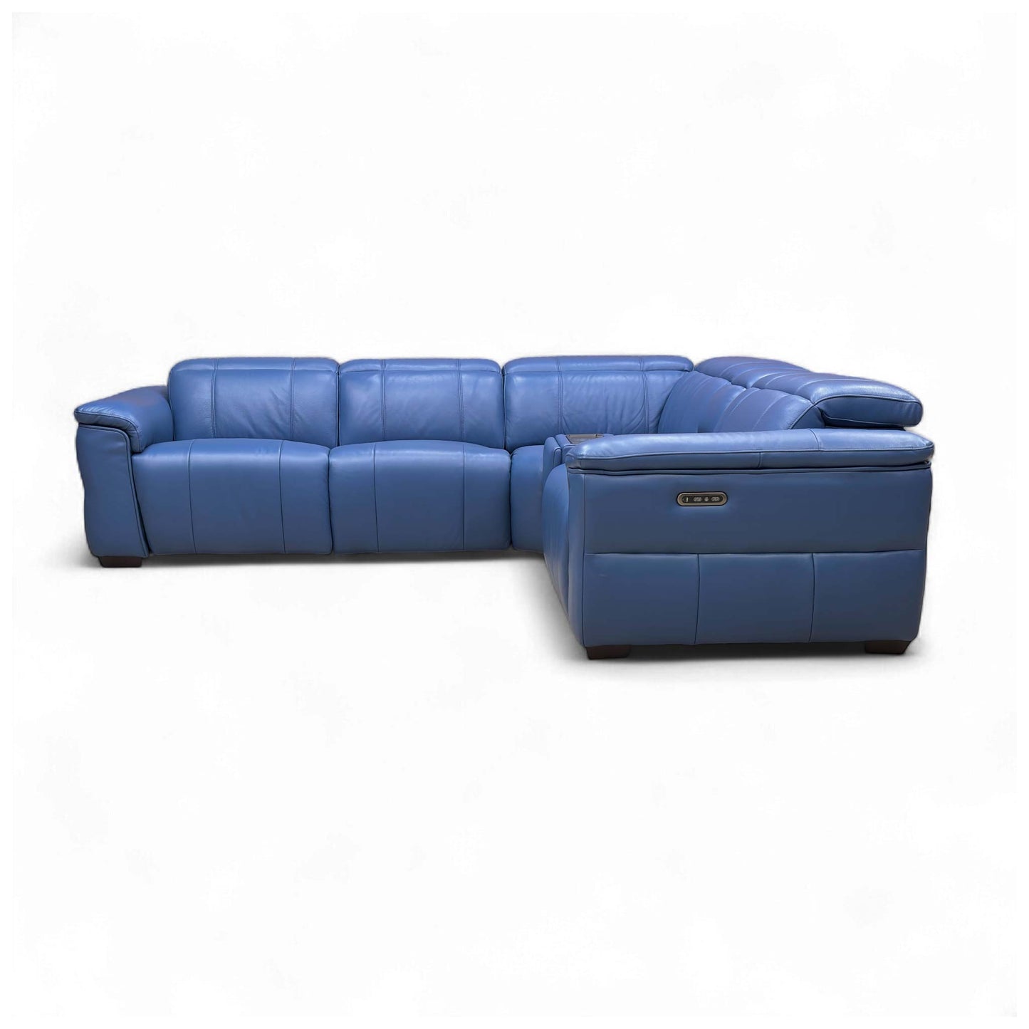 Right end seat of the 'Inca' Aegean Blue Leather Corner Sofa fully reclined.