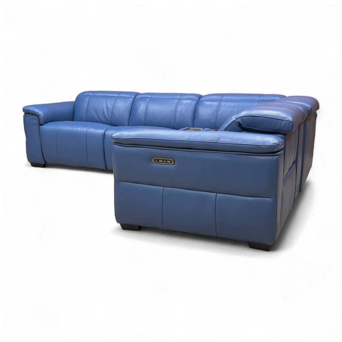 Image of the sofa with one of the end seats fully reclined.