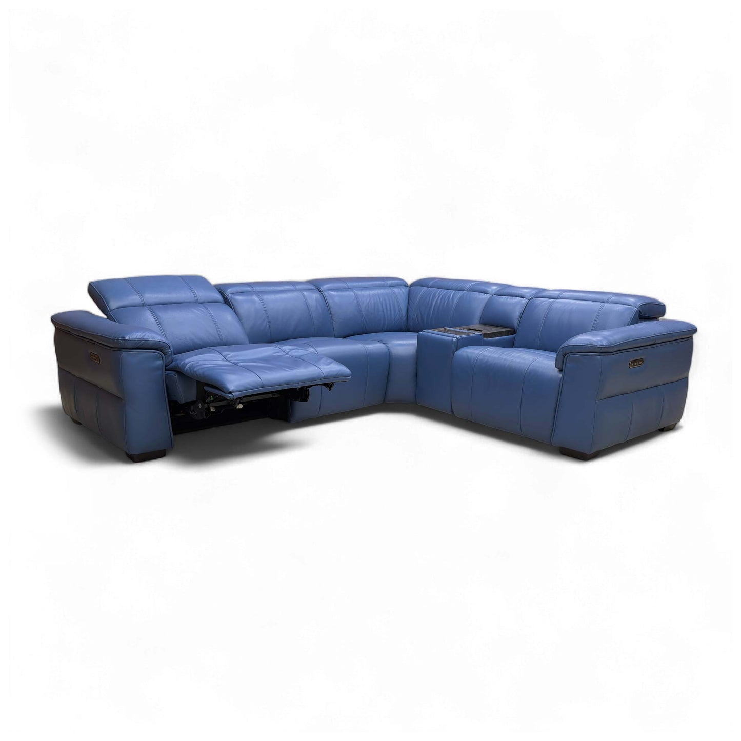 Full front-angled view of the corner sofa in its upright position, showcasing the Aegean blue leather and the right-hand facing configuration.