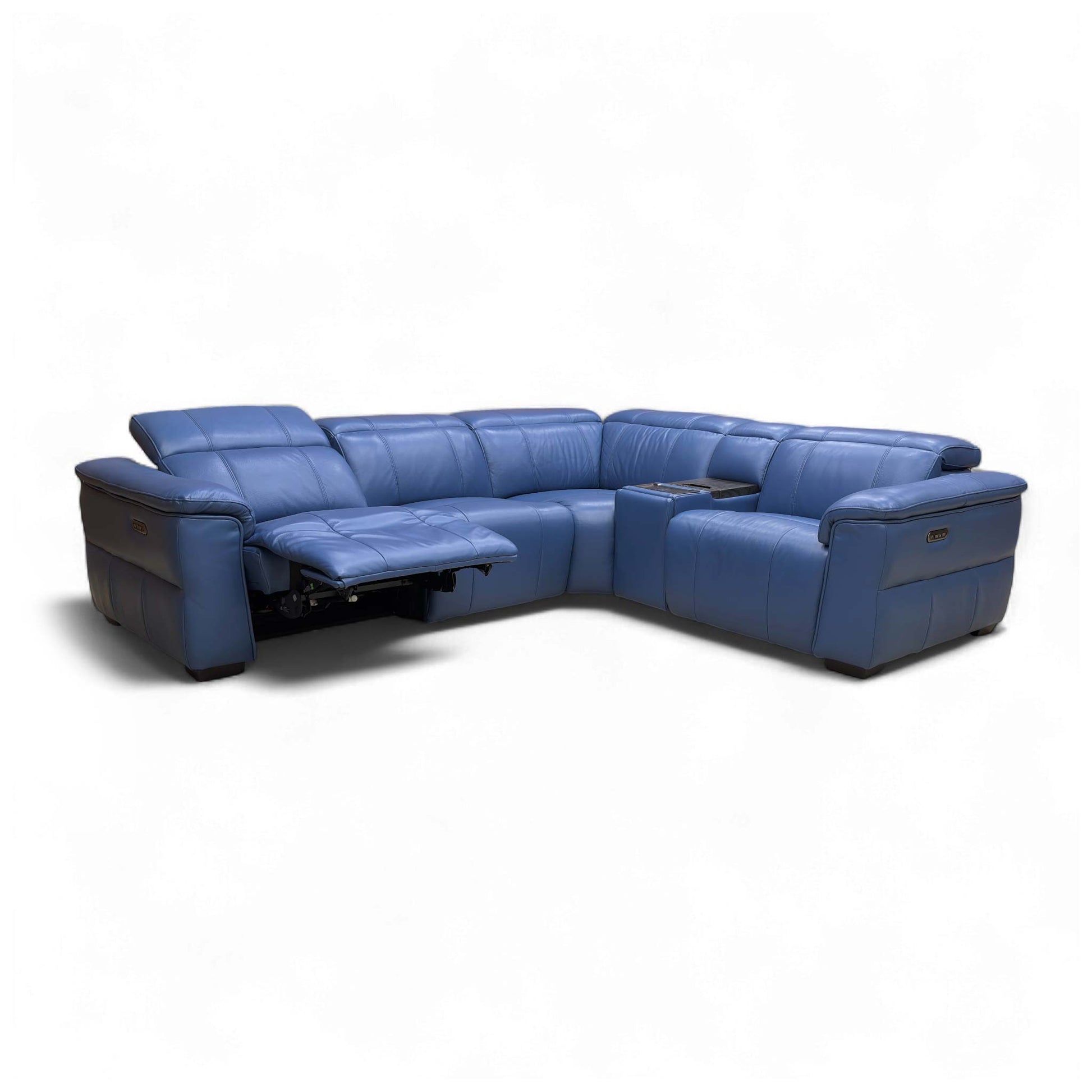 Full front-angled view of the corner sofa in its upright position, showcasing the Aegean blue leather and the right-hand facing configuration.
