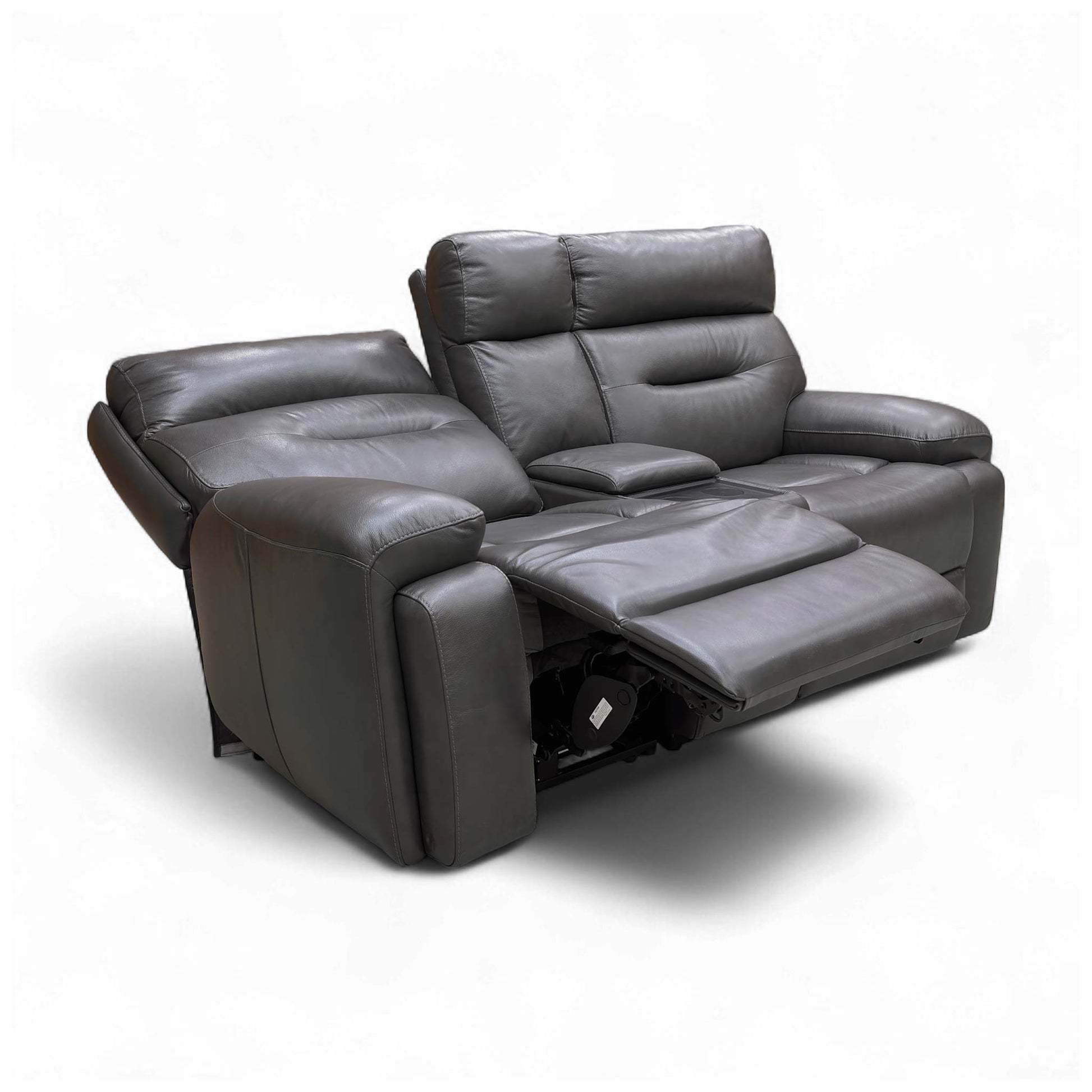 Full front-angled view of the 2-seater sofa in the upright position, highlighting the Starry Grey leather and the central media console.