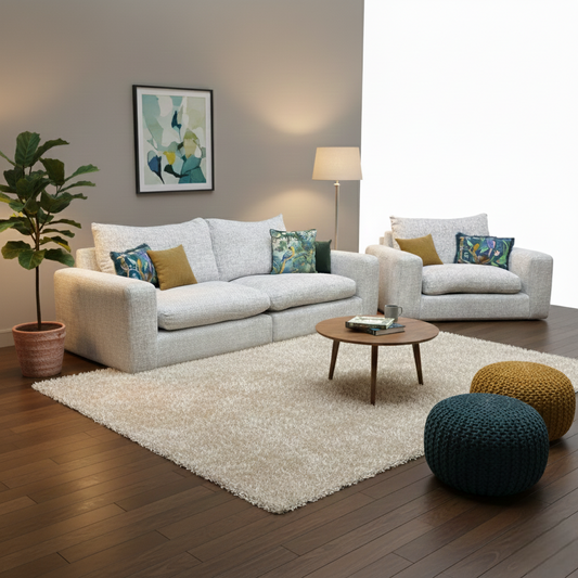 ‘Pandora’ Plain Silver Fabric 4 Seater Split Frame Sofa + Snuggler Chair