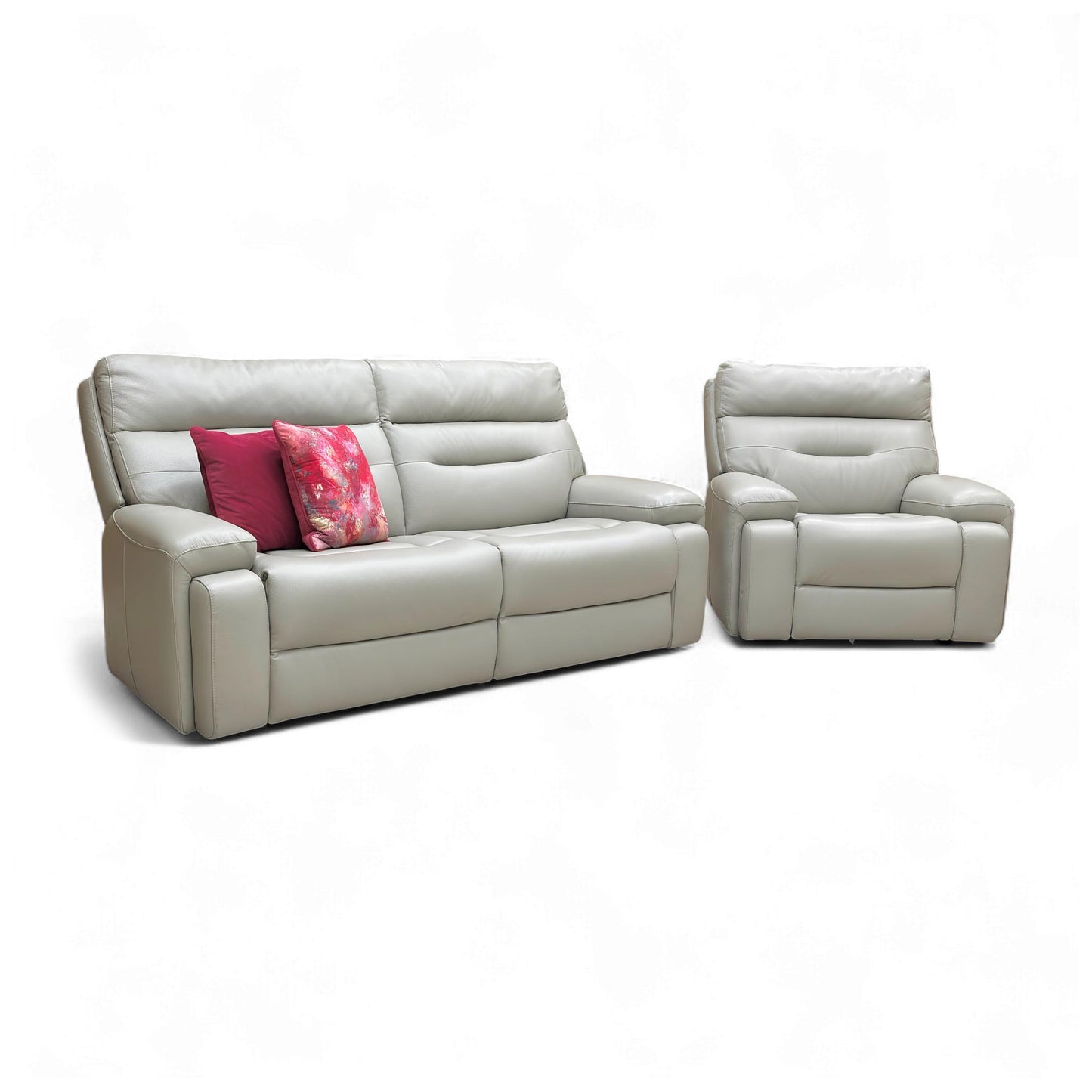 A full front-angled view of the 3-seater sofa and the armchair together, showcasing the Alpha Grey leather.