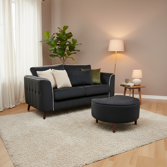 'Remi' Black Velvet 2 Seater Sofa with Half Moon Footstool
