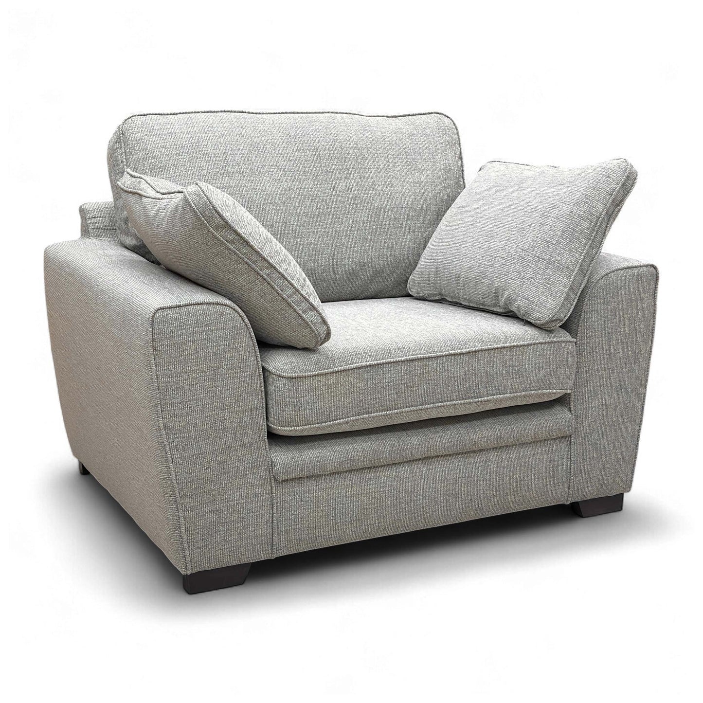 Full front-angled view of the Sofology Chalfont Armchair in Sort Silver/Platinum fabric