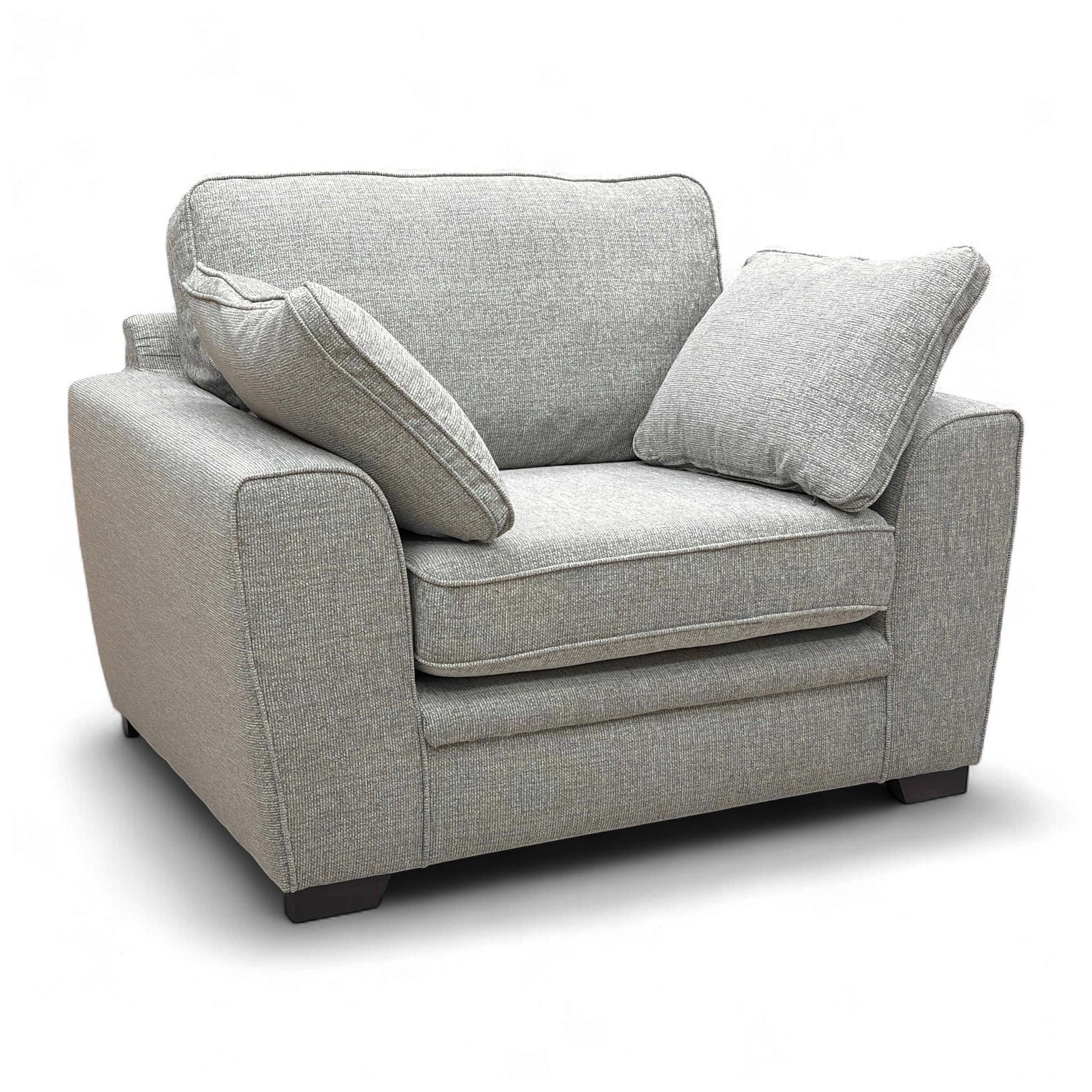Full front-angled view of the Sofology Chalfont Armchair in Sort Silver/Platinum fabric