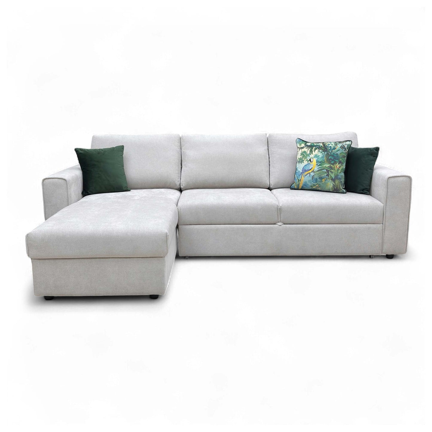 DFS 'Mia' Taupe Catalina Left Hand Facing Chaise Sofa with the extendable footrest retracted.