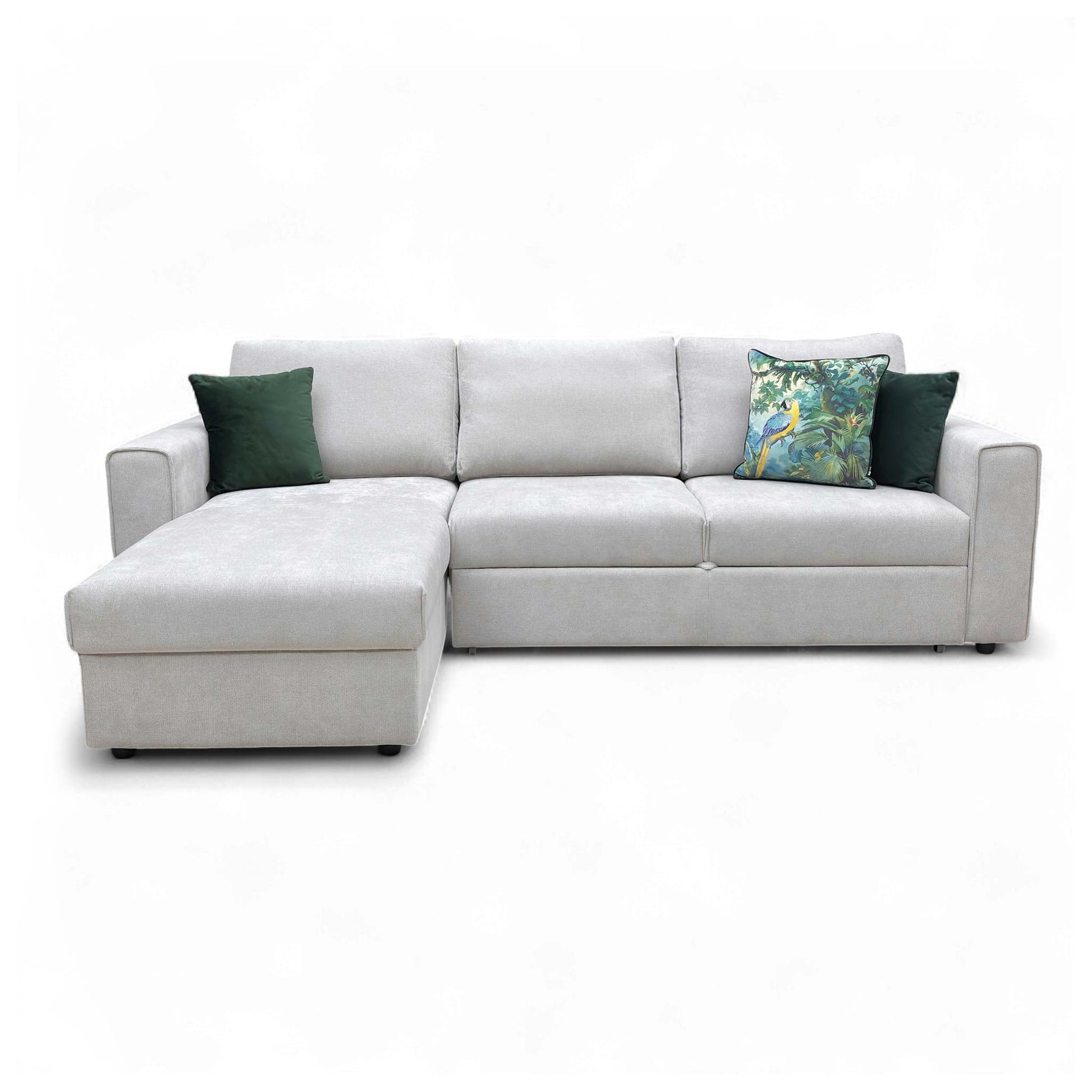 DFS 'Mia' Taupe Catalina Left Hand Facing Chaise Sofa with the extendable footrest retracted.