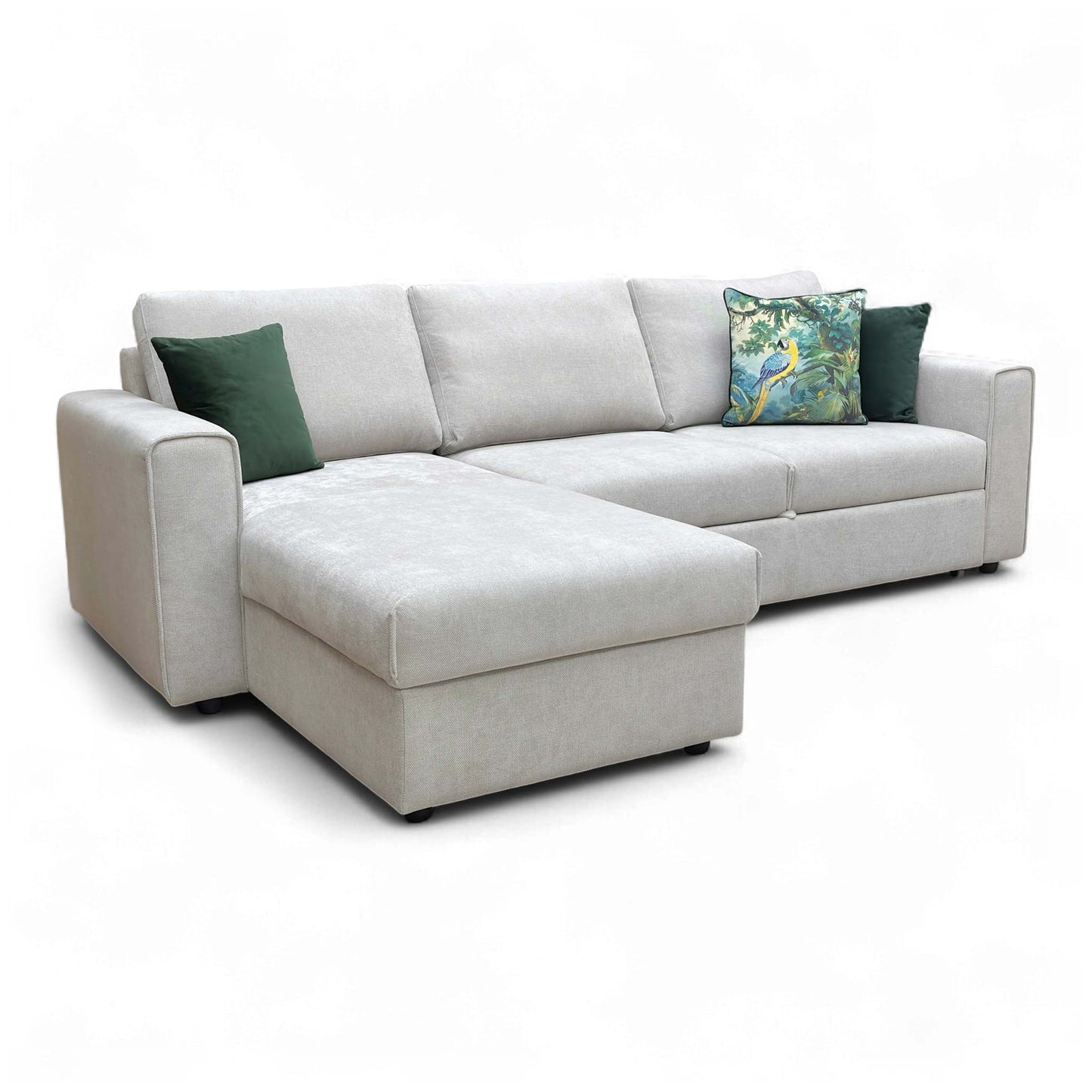 Angled view showing the back of the sofa, highlighting the reversible fibre back cushions and arm shape.