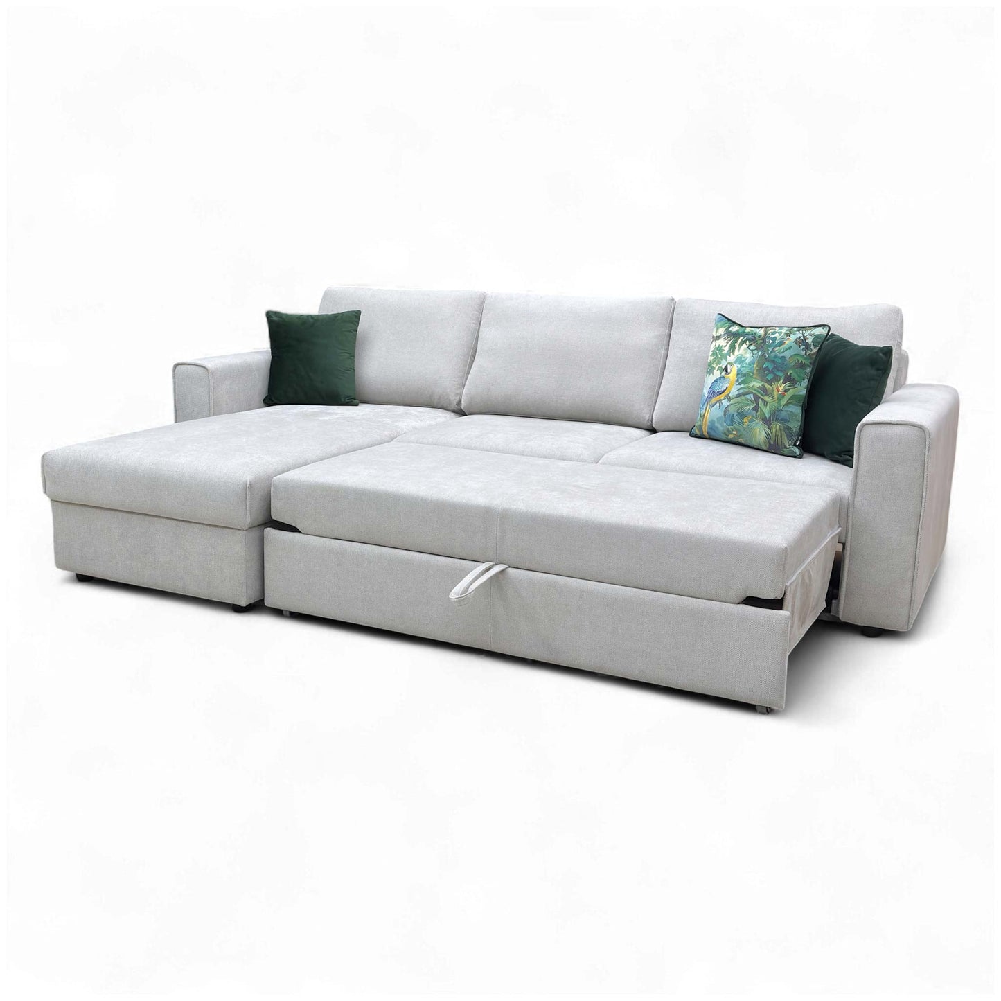 Side view showing the extendable footrest partially deployed, illustrating the mechanism sliding out from under the chaise.