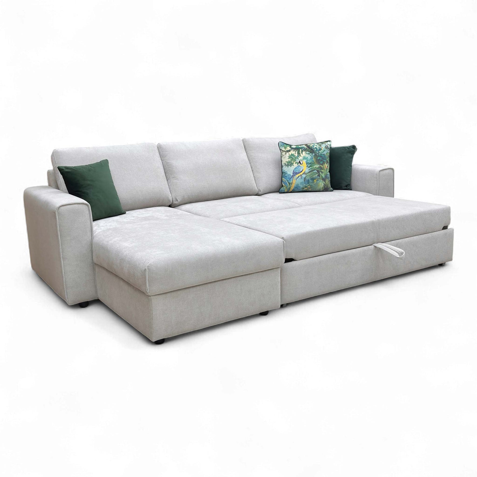 Full front-angled view of the sofa with the extendable footrest fully open.