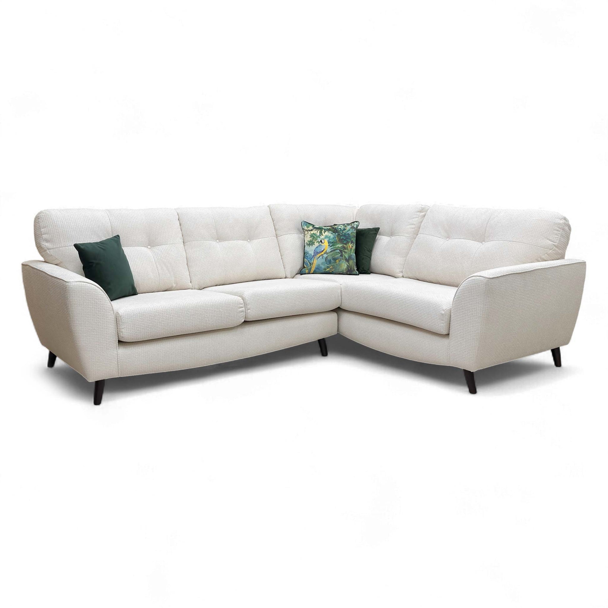 Full front-angled view of the DFS 'Dawson' Corner Sofa in Ivory fabric, showing the Left Hand Facing (LHF) configuration.