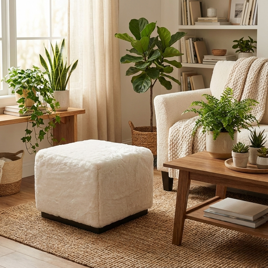 'Huski' Ivory Super Soft Faux Fur Footstool
