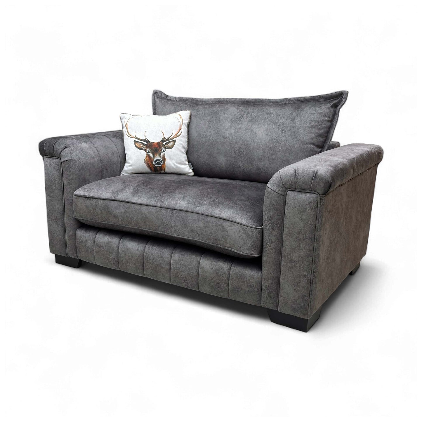 Angled view of the chair's back and arm, emphasizing the piping and the supportive shape of the formal back.