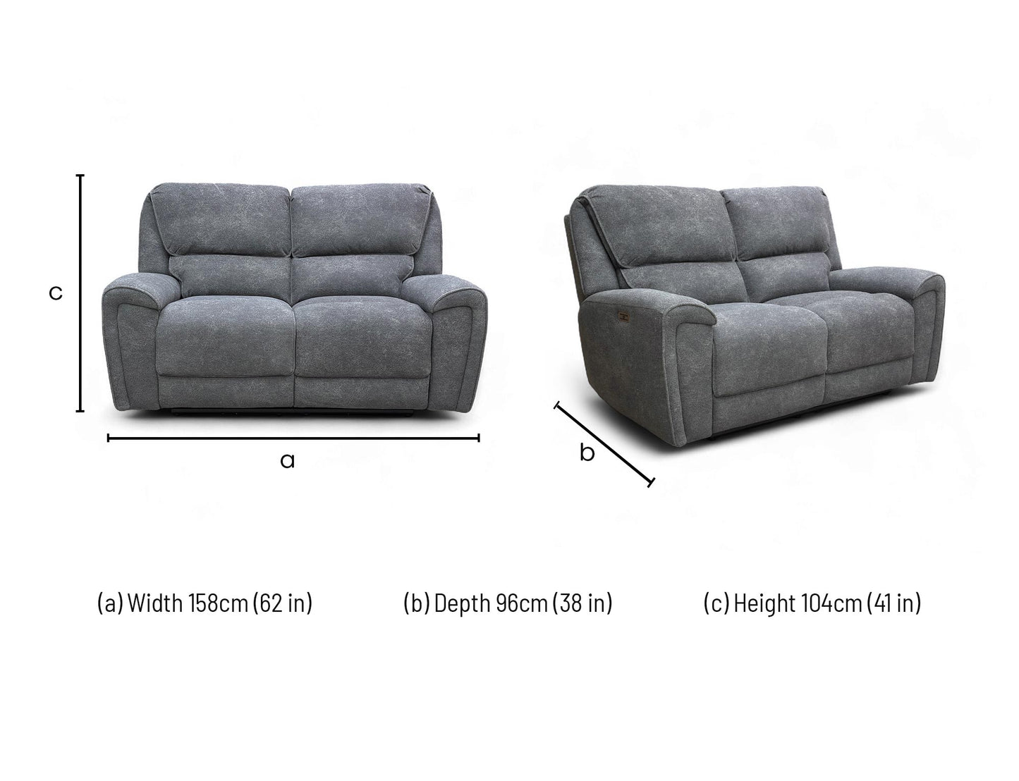 Dimension diagram for the Ricky 2-seater charcoal grey teddy velvet power recliner sofa.