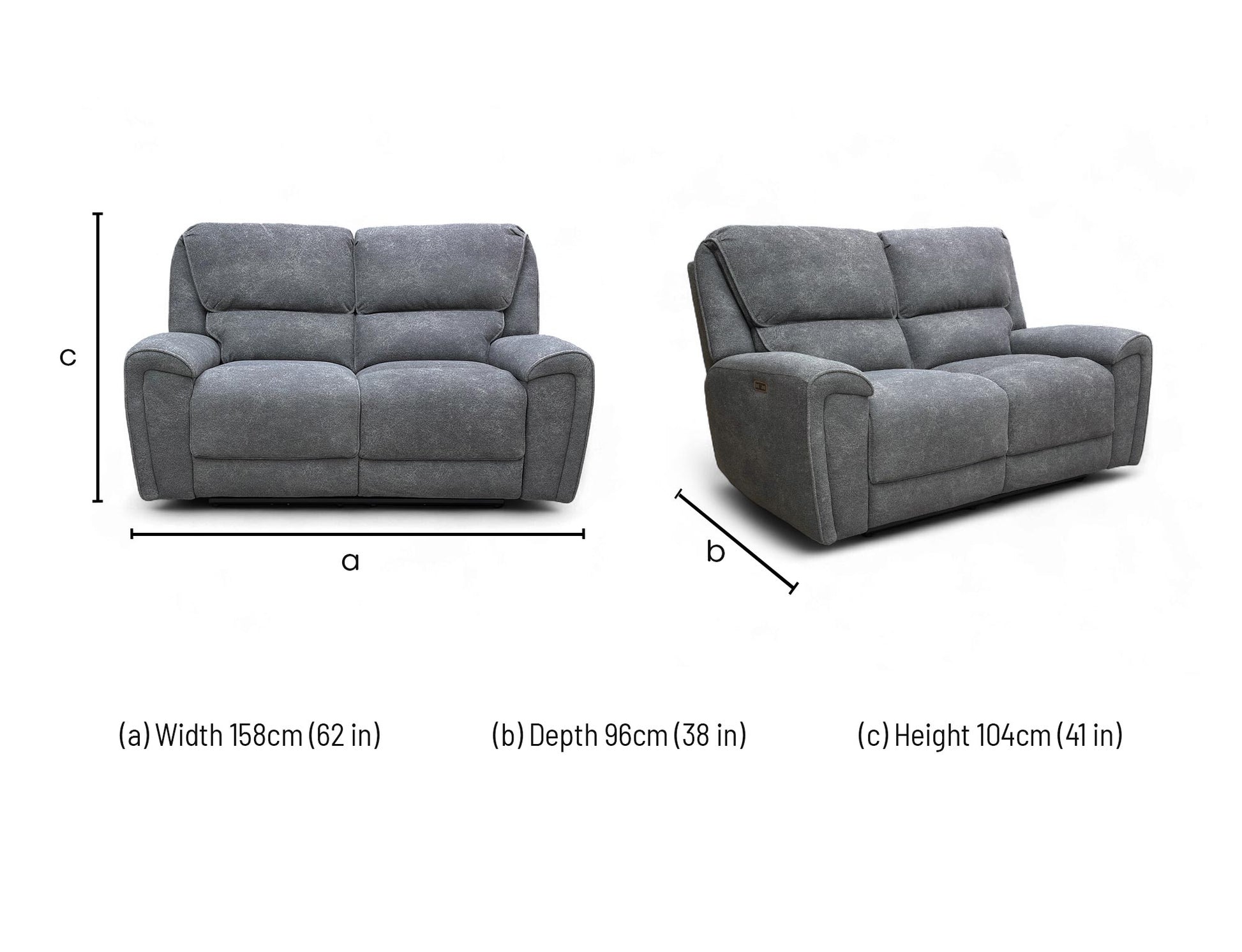 Dimension diagram for the Ricky 2-seater charcoal grey teddy velvet power recliner sofa.