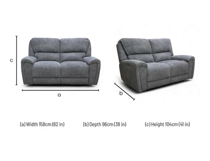 Dimension diagram for the Ricky 2-seater charcoal grey teddy velvet power recliner sofa.