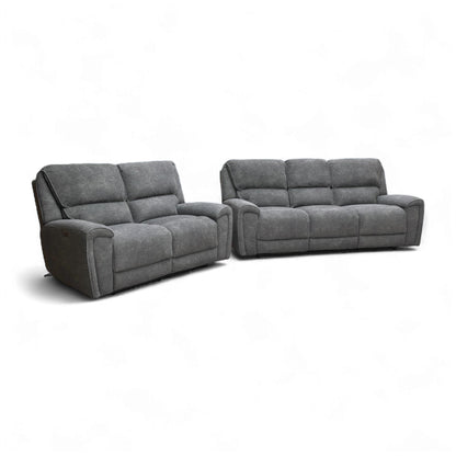 ‘Ricky’ Charcoal Grey Teddy Velvet 3 Seater Power Recliner Sofa with Drop Down Cup Holders + 2 Seater Power Recliner Sofa