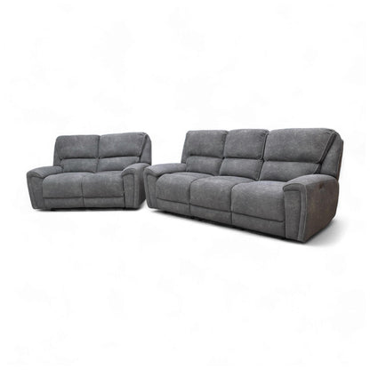 ‘Ricky’ Charcoal Grey Teddy Velvet 3 Seater Power Recliner Sofa with Drop Down Cup Holders + 2 Seater Power Recliner Sofa