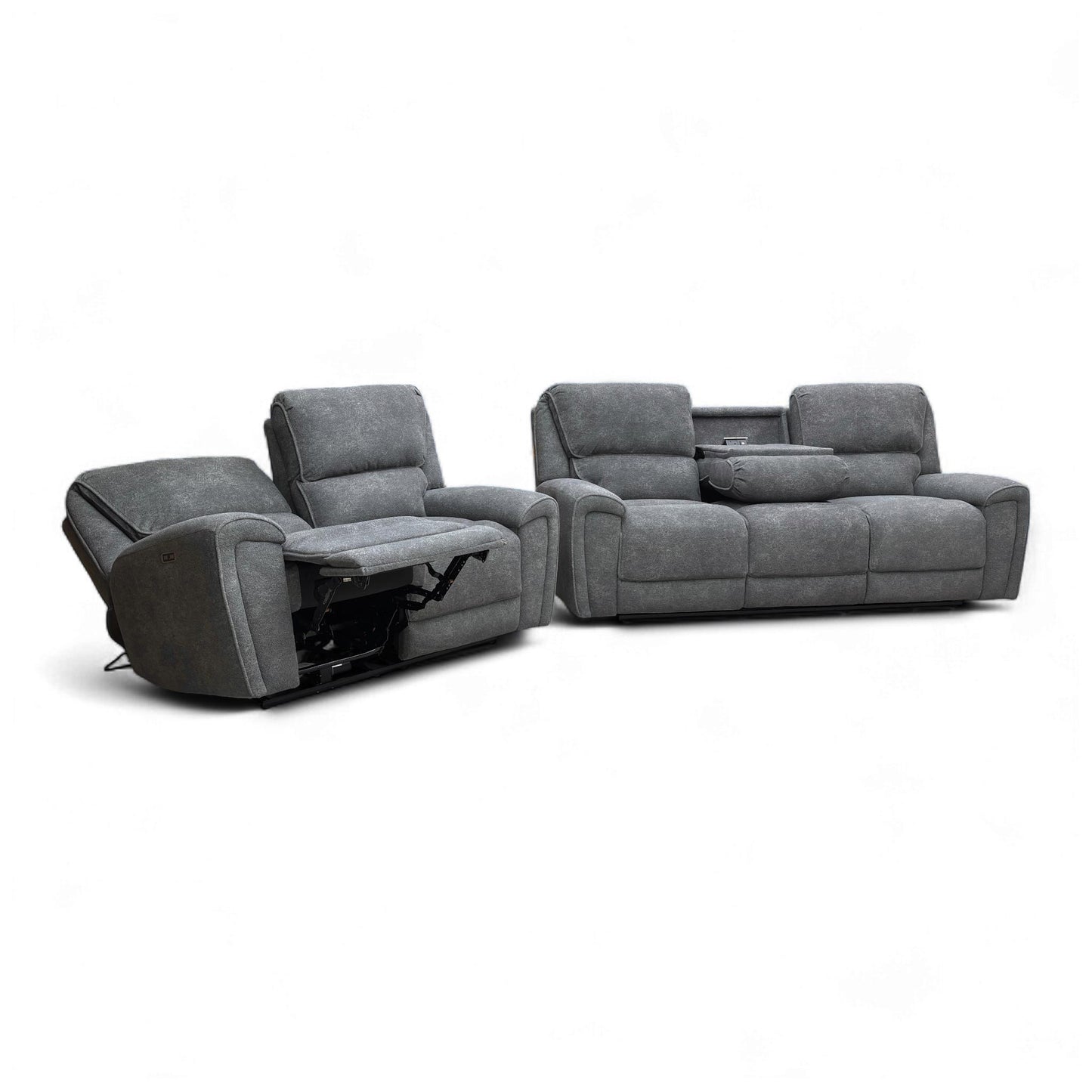 ‘Ricky’ Charcoal Grey Teddy Velvet 3 Seater Power Recliner Sofa with Drop Down Cup Holders + 2 Seater Power Recliner Sofa