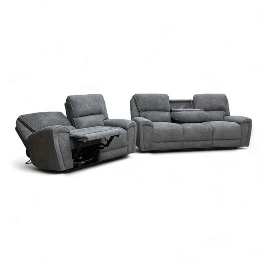 ‘Ricky’ Charcoal Grey Teddy Velvet 3 Seater Power Recliner Sofa with Drop Down Cup Holders + 2 Seater Power Recliner Sofa