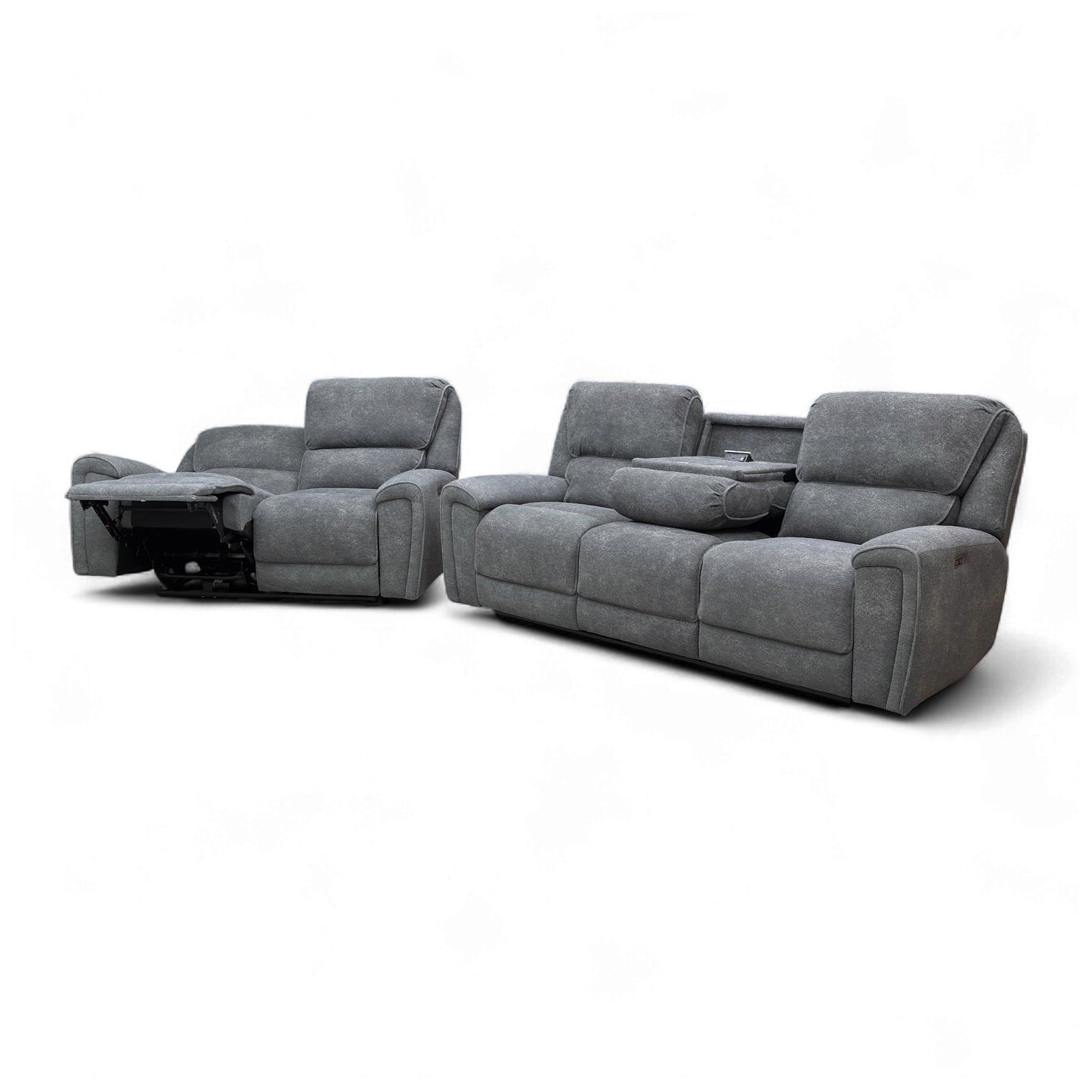 ‘Ricky’ Charcoal Grey Teddy Velvet 3 Seater Power Recliner Sofa with Drop Down Cup Holders + 2 Seater Power Recliner Sofa