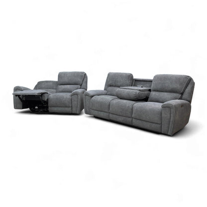 ‘Ricky’ Charcoal Grey Teddy Velvet 3 Seater Power Recliner Sofa with Drop Down Cup Holders + 2 Seater Power Recliner Sofa