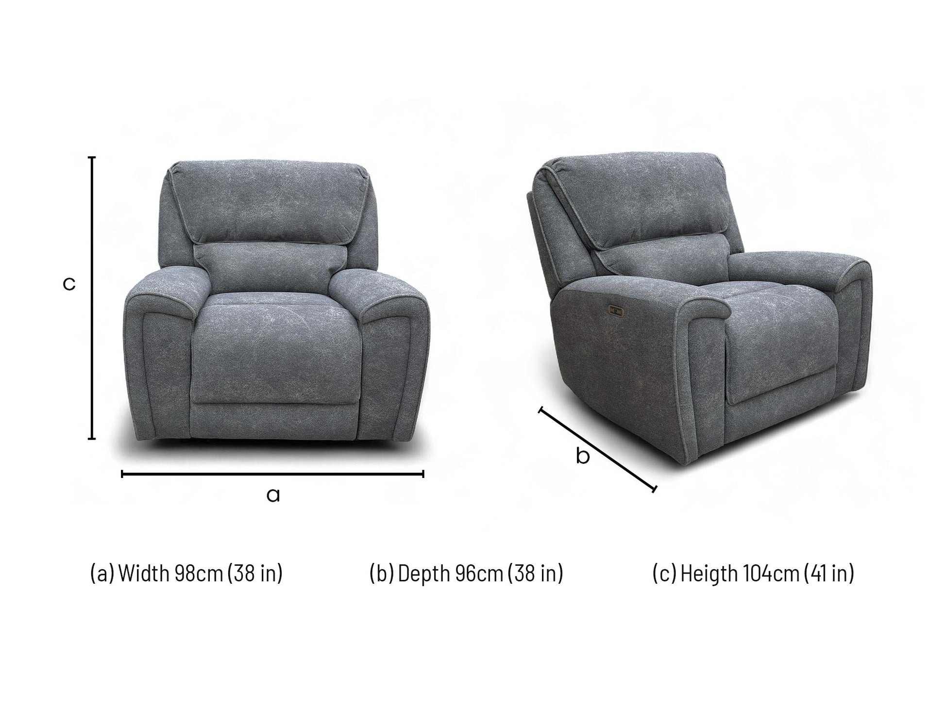 Dimension diagram for the Ricky power recliner chair, illustrating width, depth, and height measurements.