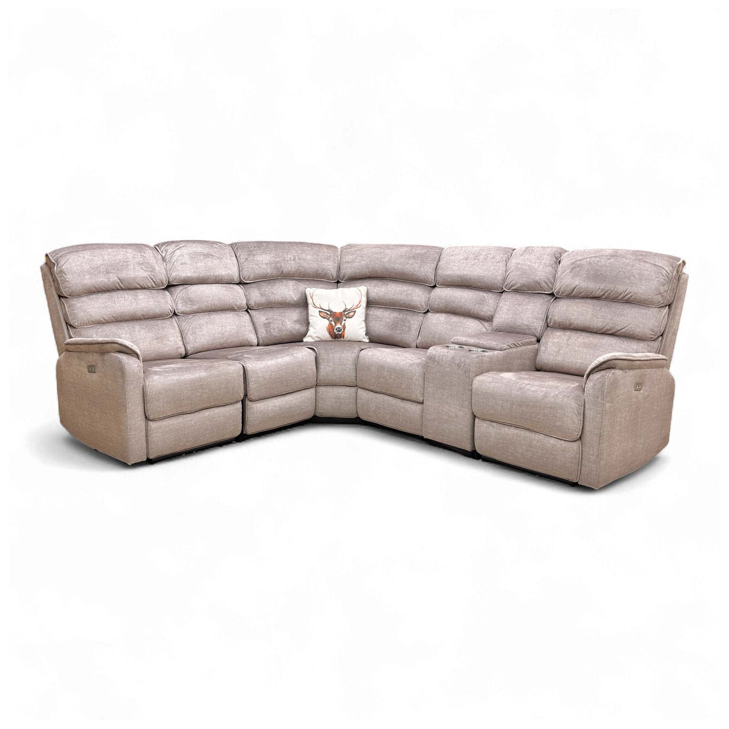 Frontal view of the large Savoy Corner Sofa upholstered in soft taupe velvet.