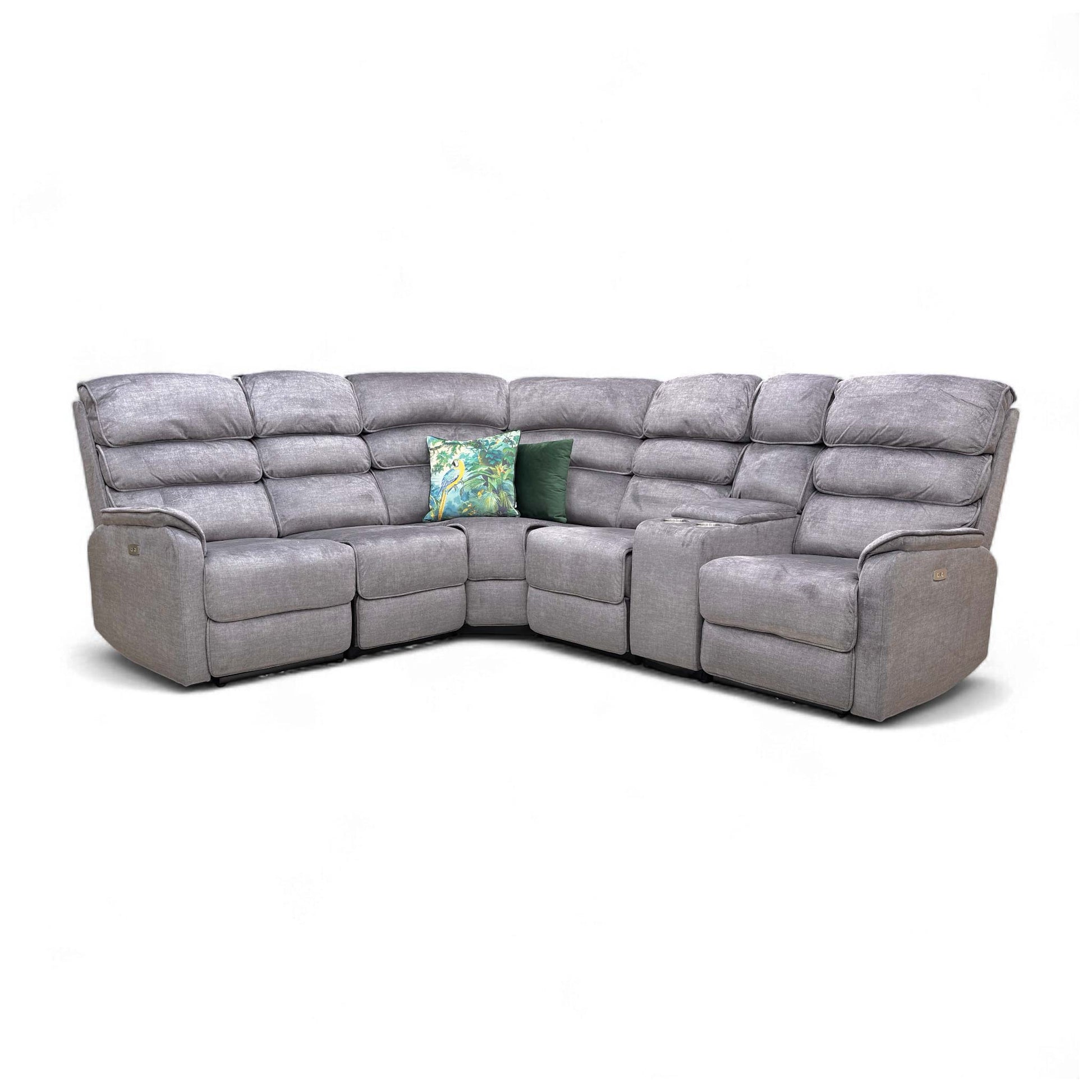 Frontal view of the large Savoy Corner Sofa upholstered in soft charcoal velvet.