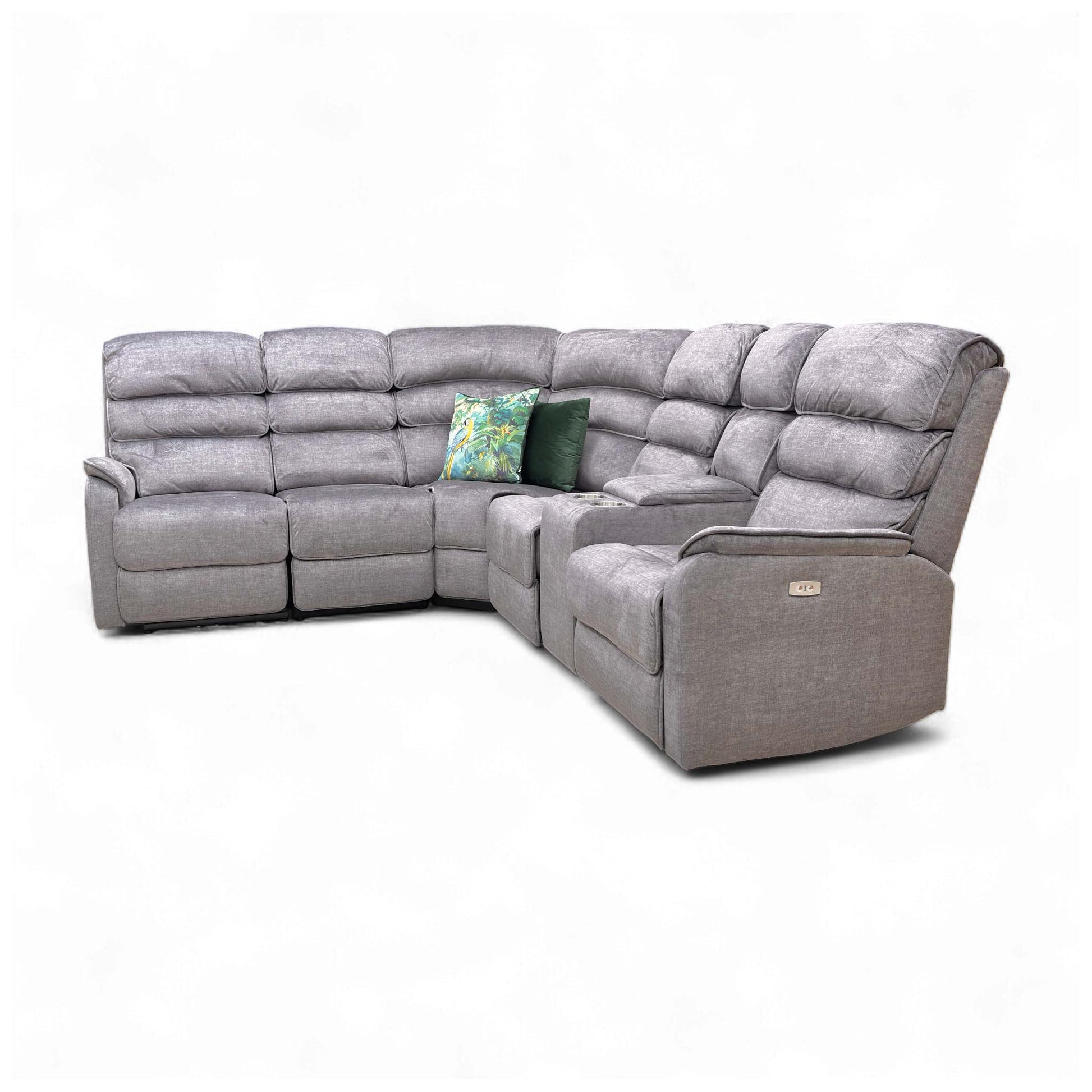 view of the Savoy Charcoal Velvet corner sofa with both end power recliners partially extended.