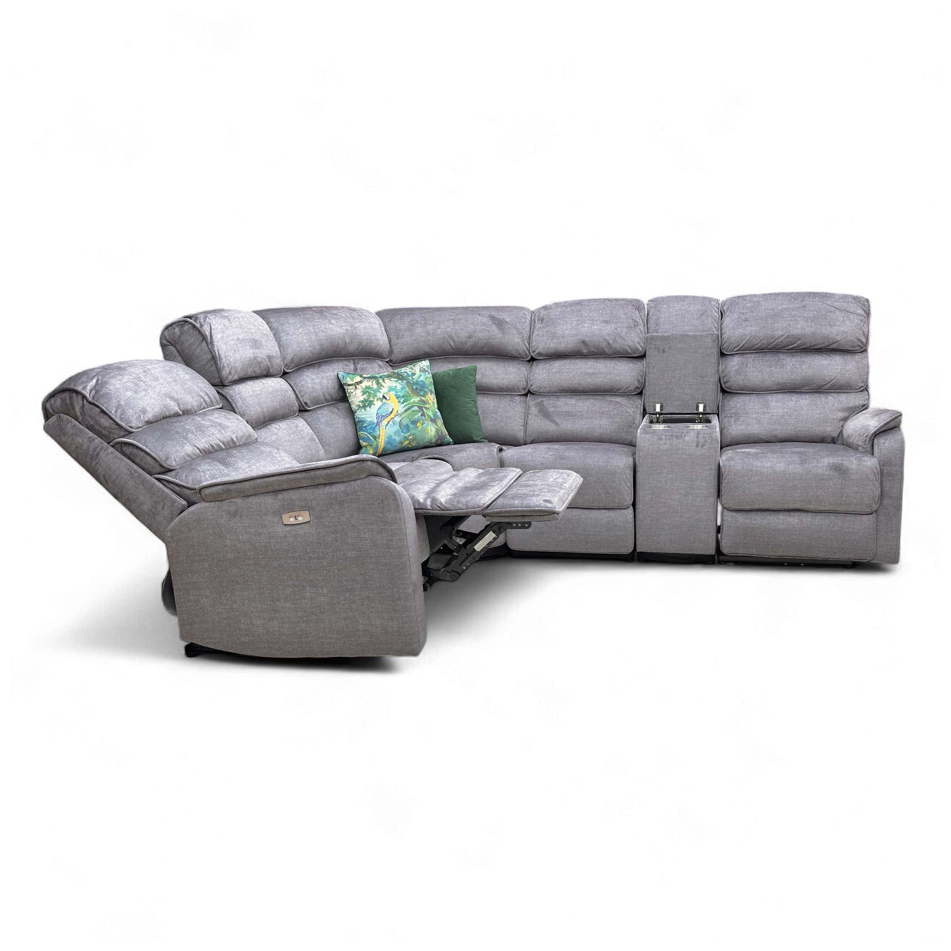 Angled view of the Savoy Charcoal Velvet 2 Corner 2 Sofa with Double Power Recliners and center storage console.