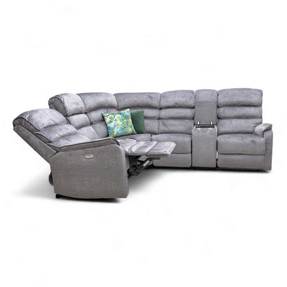 Angled view of the Savoy Charcoal Velvet 2 Corner 2 Sofa with Double Power Recliners and center storage console.