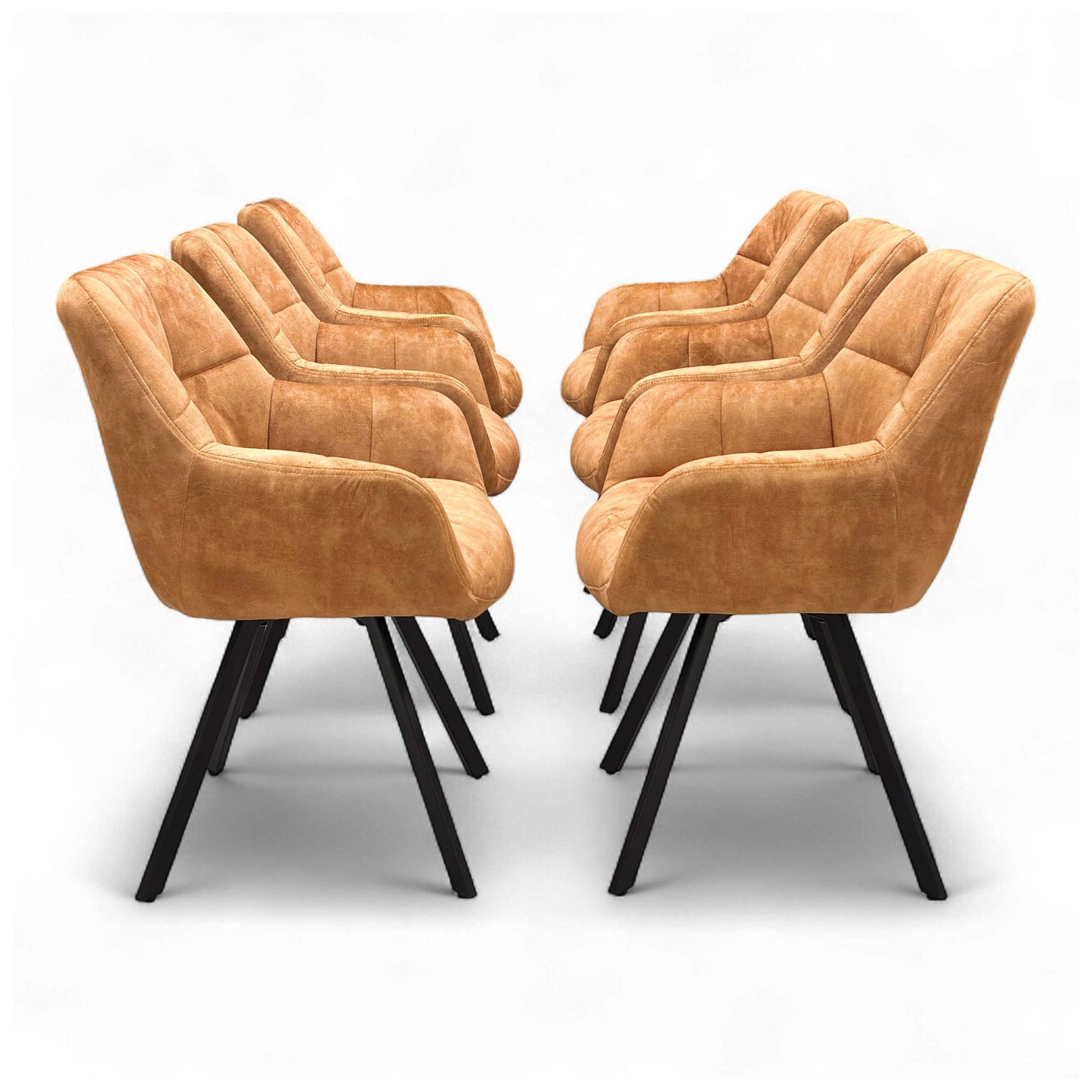 Full side profile of the 'Jade' Swivel Dining Chair in Rust Orange Velvet, highlighting the chair's modern shape and black base.