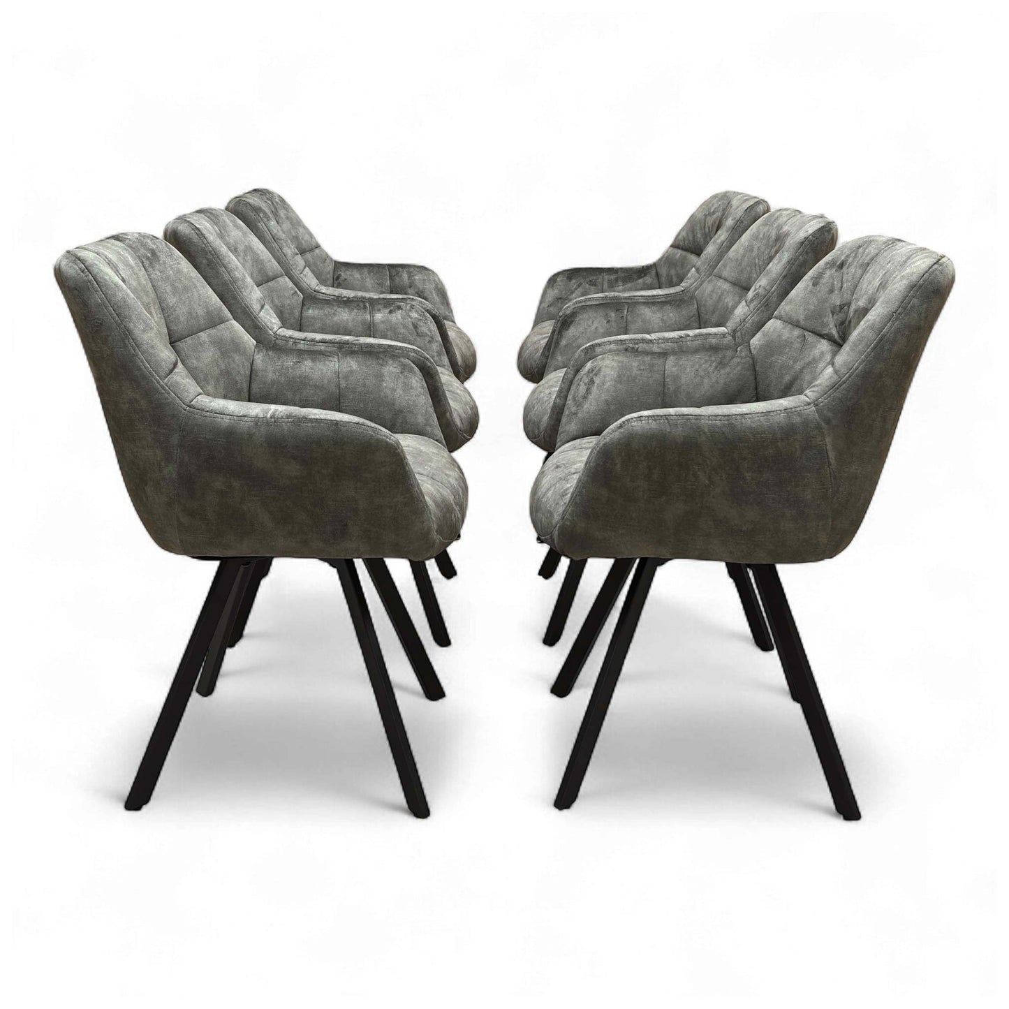 Full side profile of the 'Jade' Swivel Dining Chair in Olive Green Velvet, highlighting the chair's modern shape and black base.