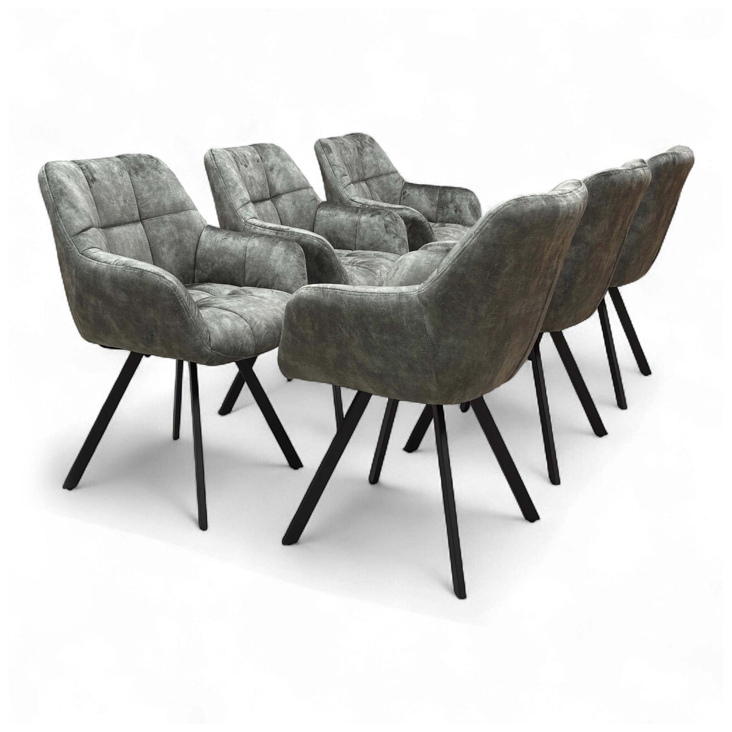 Angled view of the 'Jade' Olive Green Velvet Swivel Dining Chair, showcasing its upholstered seat and black metal legs.