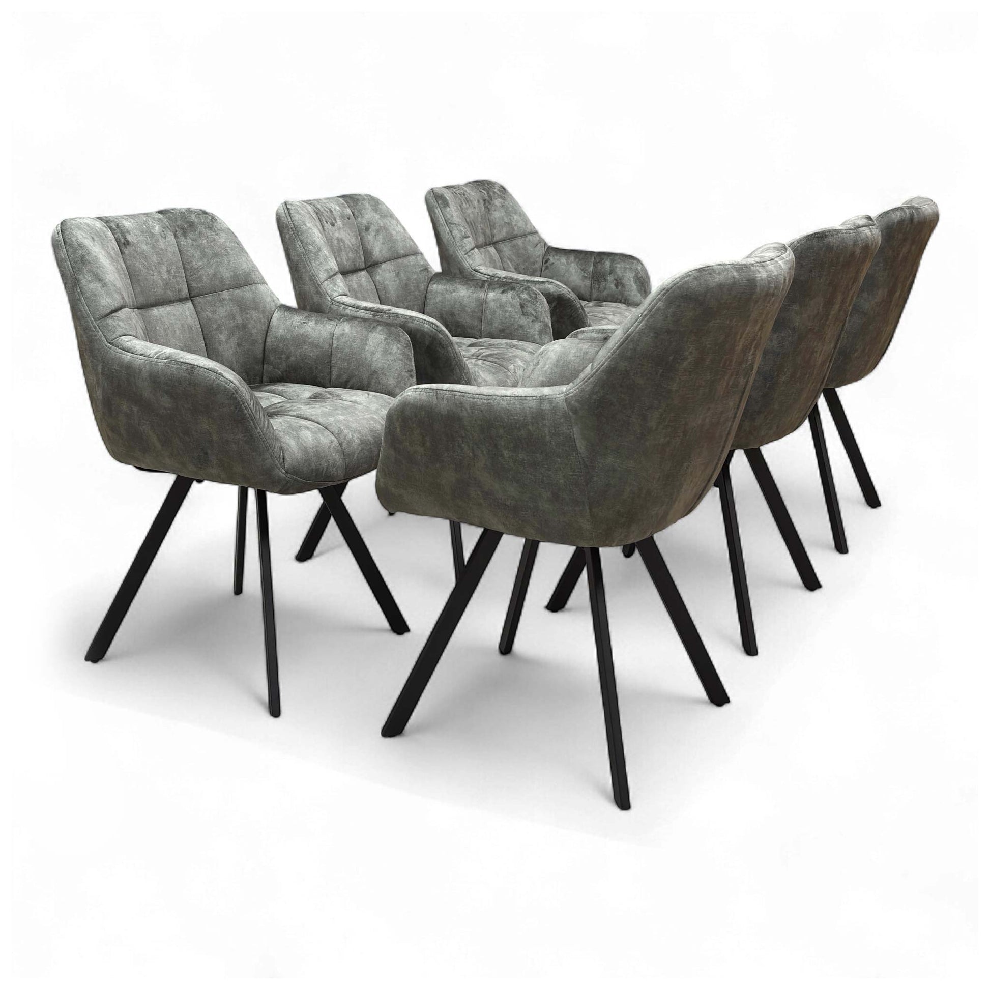 Angled view of the 'Jade' Olive Green Velvet Swivel Dining Chair, showcasing its upholstered seat and black metal legs.