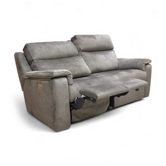 Angled view of the G Plan 'Thornbury' Sable Grey Velvet 3 Seater Power Recliner Sofa, showing both end seats fully reclined for comfort.