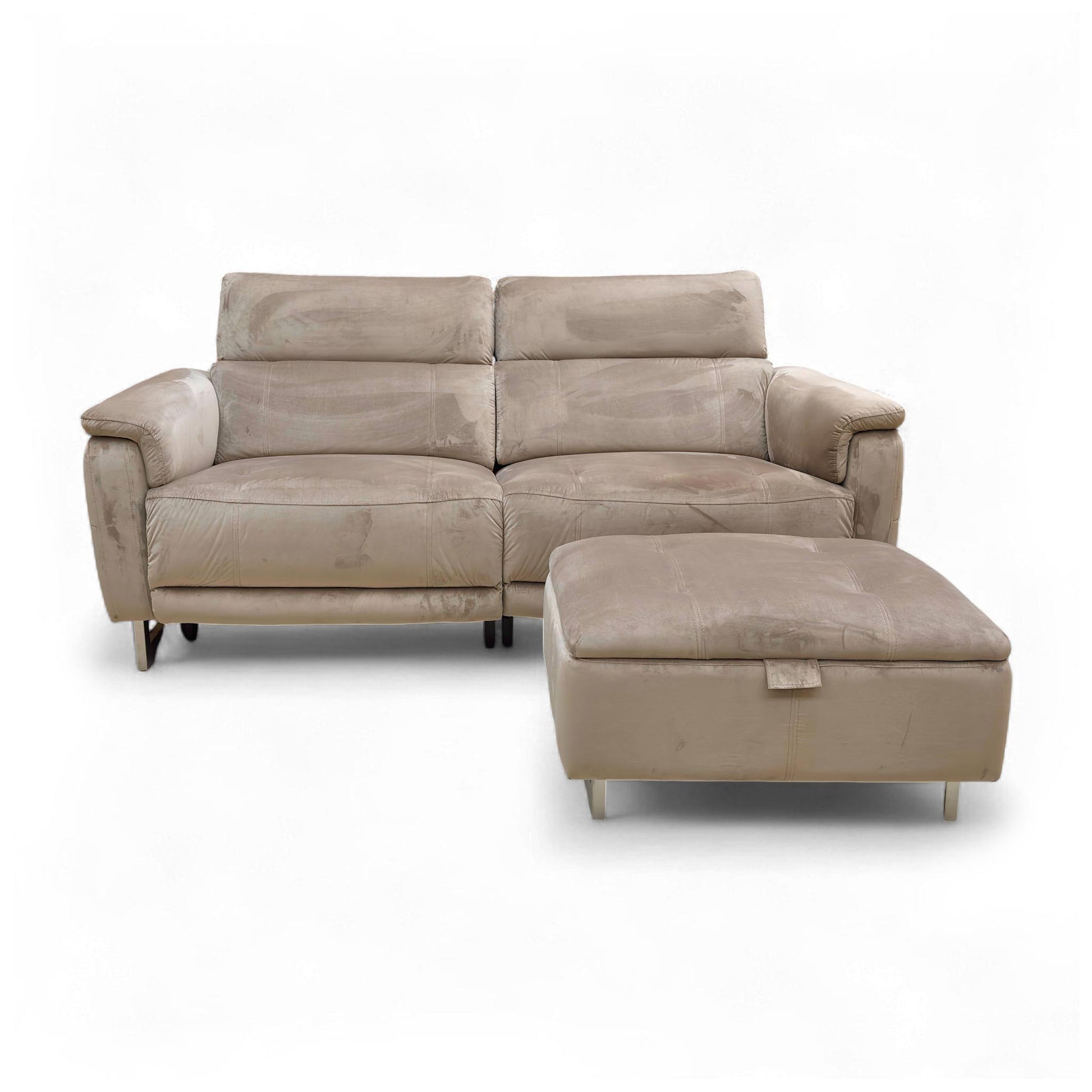 Front view of the 'Moet' 3 Seater Sofa, highlighting the soft Cedar velvet upholstery and power recliner control buttons.