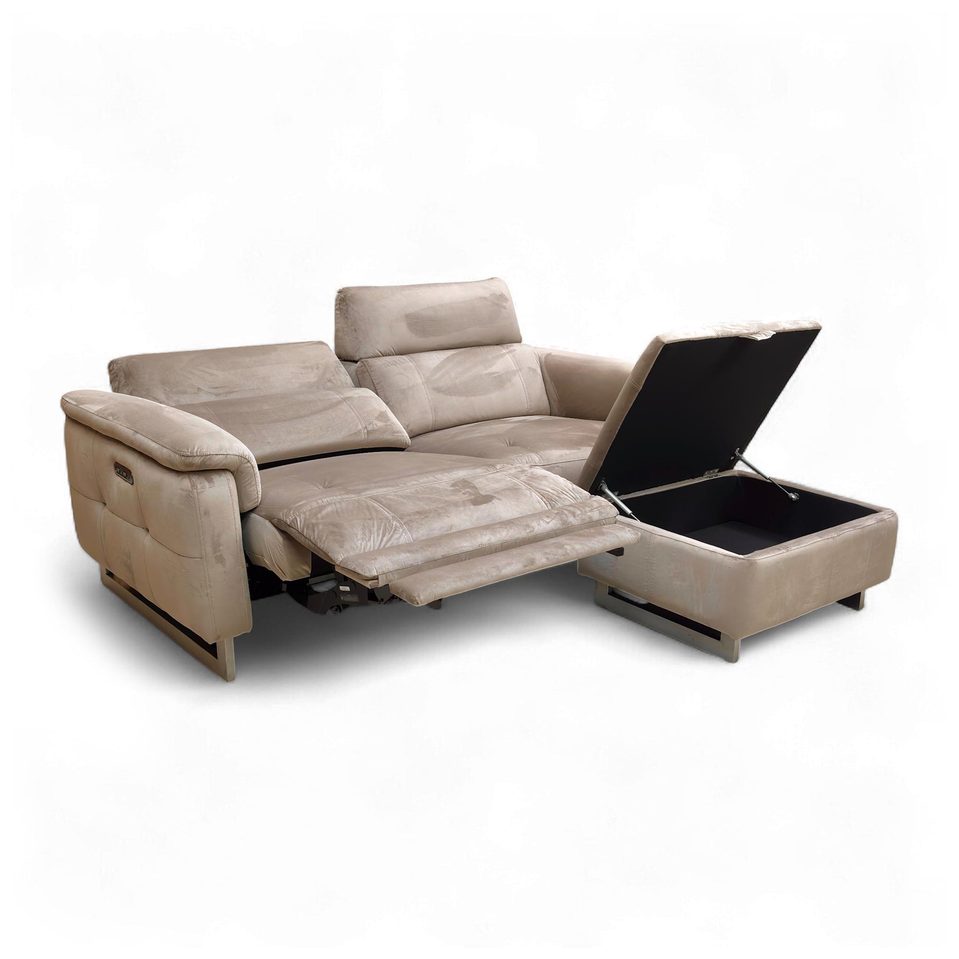 Angled view of the 'Moet' Cedar Velvet 3 Seater Power Recliner Sofa with the matching large storage footstool.