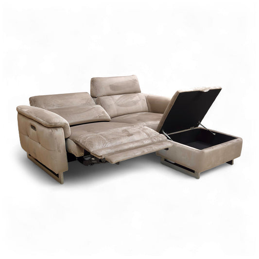 Angled view of the 'Moet' Cedar Velvet 3 Seater Power Recliner Sofa with the matching large storage footstool.