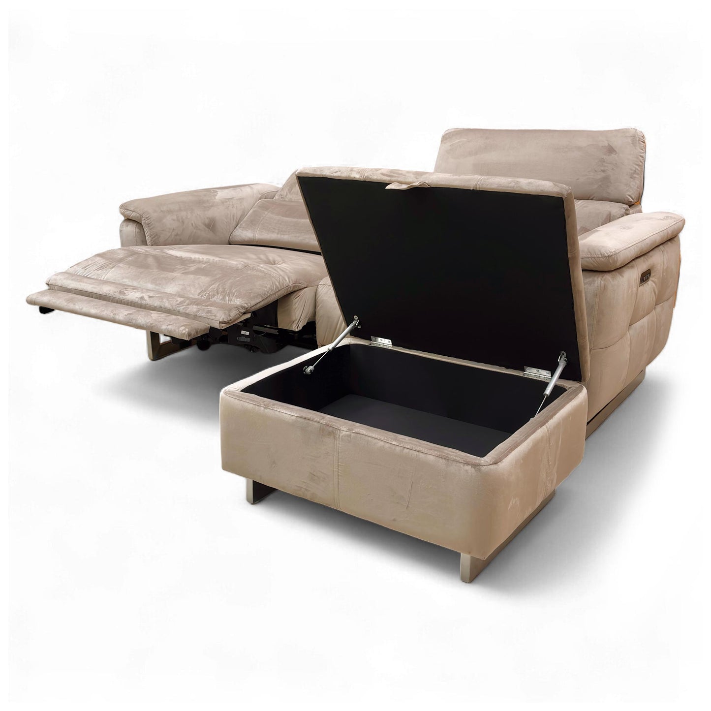 The large standard storage footstool component of the 'Moet' set, shown with the lid lifted to reveal the interior storage space.